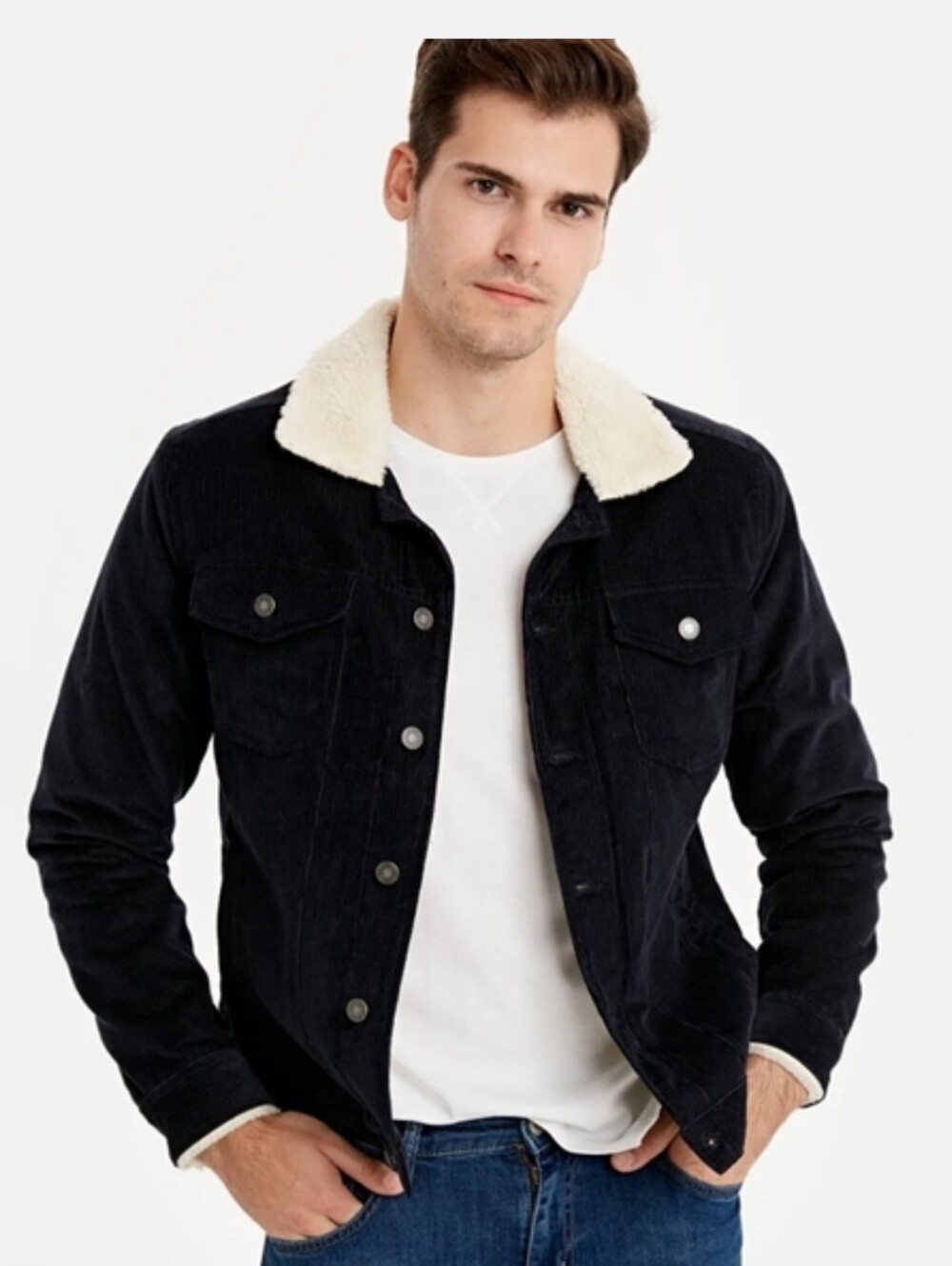 Zara Man Black Corduroy Borg Lined Jacket Size S